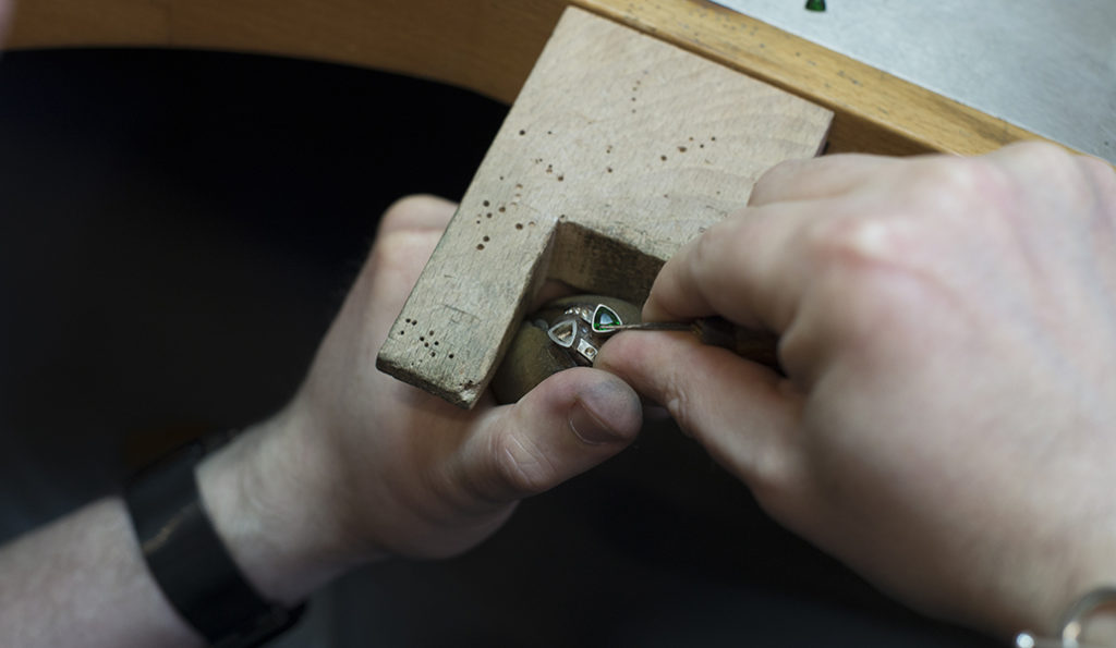 A jeweller at the bench in The Goldsmiths' Centre in London