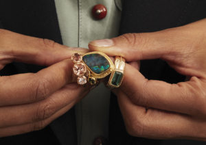 Mia Chicco gold rings set with champagne diamonds, sapphires, tourmaline and boulder opal