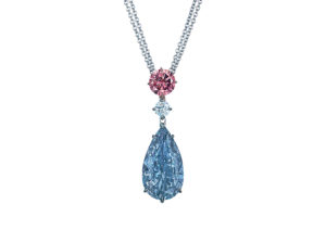 Moussaieff necklace set with 8.01ct pear-shaped fancy vivid blue internally flawless diamond, sold at Christie’s Hong Kong in May 2018 
