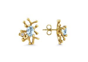 Lylie’s salvaged 9ct yellow gold, recycled aquamarine and antique diamond Tofo stud earrings