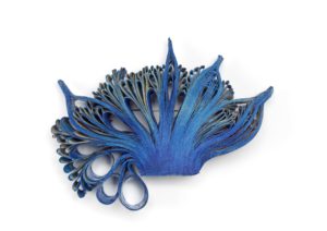 Blue Seanemone II brooch in paper on silver frame, made by Flóra Vági in 2016 and given to the3 V&A by Katalin Spengler