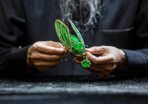 Stilled Life cicada brooch made with Wallace Chan's patented jadeite treatment