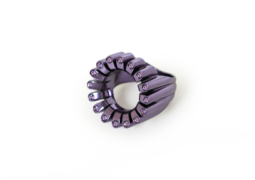 Flora Bhattachary recycled silver Lakshmi Glow ring e-coated with Vivid Violet ceramic and set with amethysts