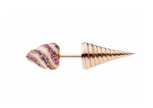 Runa rose gold, pink sapphire and white enamel lce Cream Cone earring