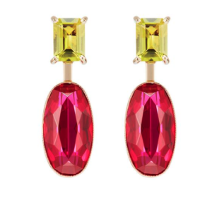 A bespoke pair of ruby and peridot earrings, created by Roxanne Rajcoomar-Hadden