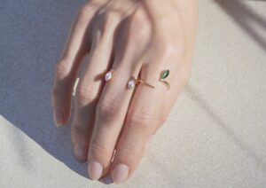Marie Mas Summer Swinging Stones jewellery collection in 18ct rose gold set with mother of pearl and malachite