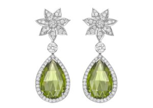 Theo Fennell 18ct white gold and diamond Chrysanthemum earrings with 15.72cts of peridot