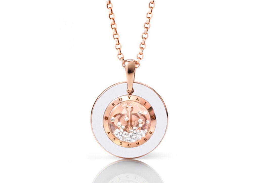Royal Asscher rose gold, white ceramic and floating diamond Stellar necklace at The Jewellery Cut Shop