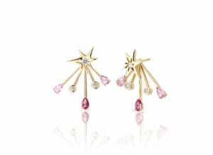 Le Ster 18ct yellow gold Trailblazer jackets and Bang studs set with morganite, tanzanite and diamond